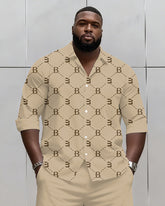 Big & Tall Men's Business Khaki Geometric Letter Print Long Sleeve Shirt Shorts Set